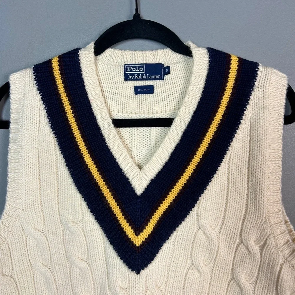 VTG Polo Ralph Lauren Cricket Sweater Vest Men's Small Wool Cable Knit Varsity
